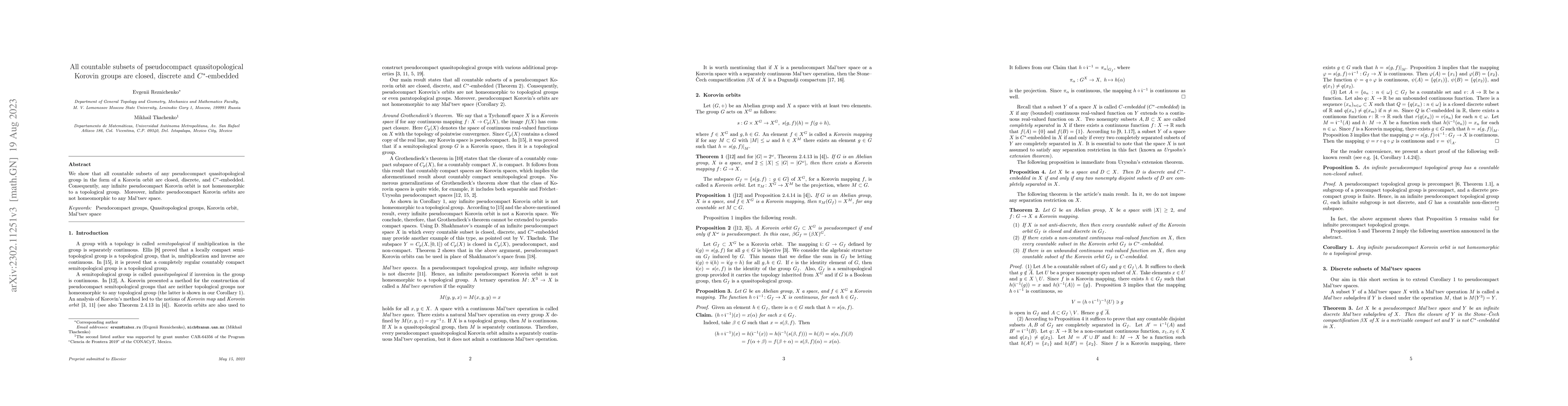 Thumbnail for All countable subsets of pseudocompact quasitopological Korovin groups
  are closed, discrete and $C^\ast$-embedded