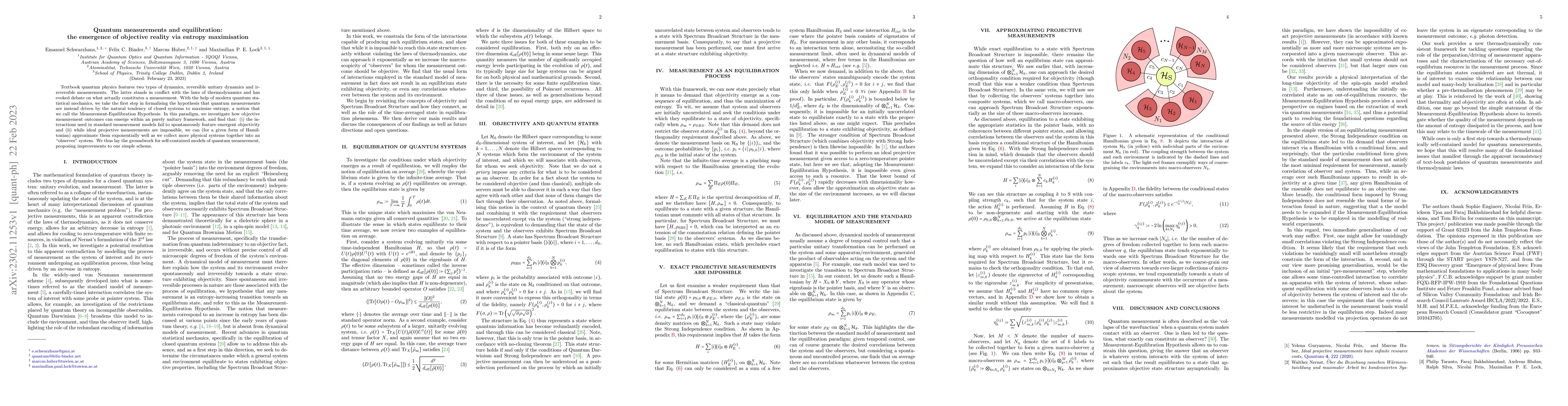 Thumbnail for Quantum measurements and equilibration: the emergence of objective
  reality via entropy maximisation