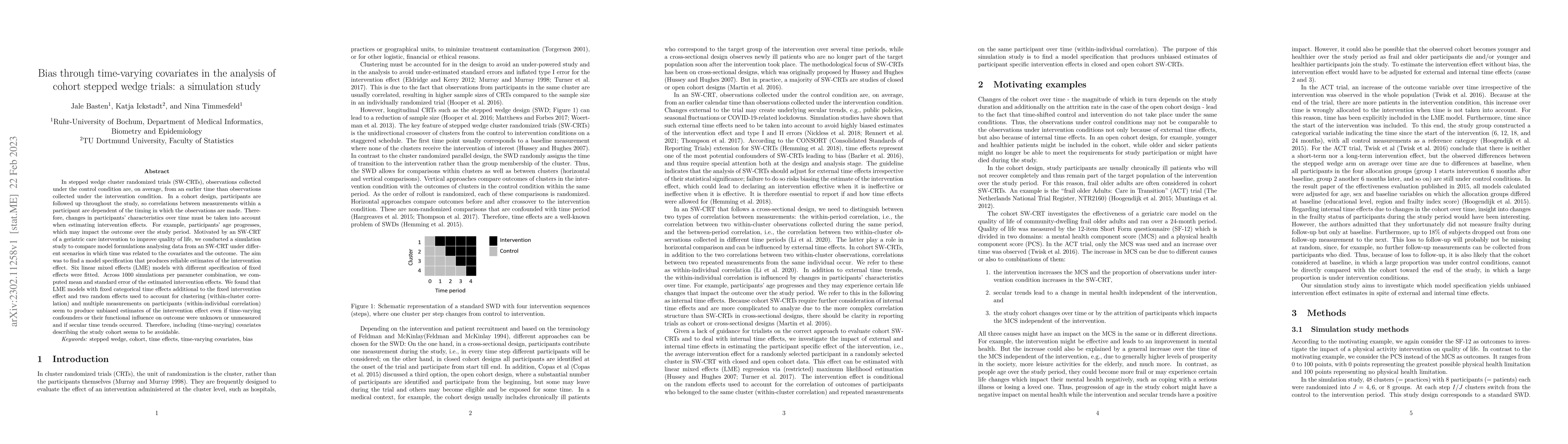 Thumbnail for Bias through time-varying covariates in the analysis of cohort stepped
  wedge trials: a simulation study