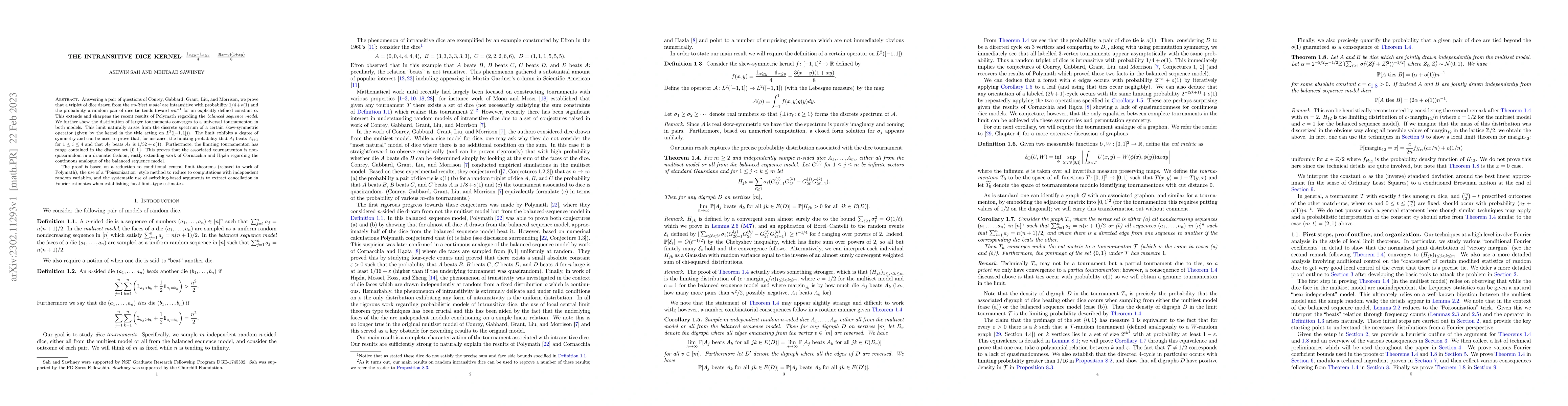 Thumbnail for The intransitive dice kernel: $\frac{\mathbf{1}_{x\ge
  y}-\mathbf{1}_{x\le y}}{4} - \frac{3(x-y)(1+xy)}{8}$