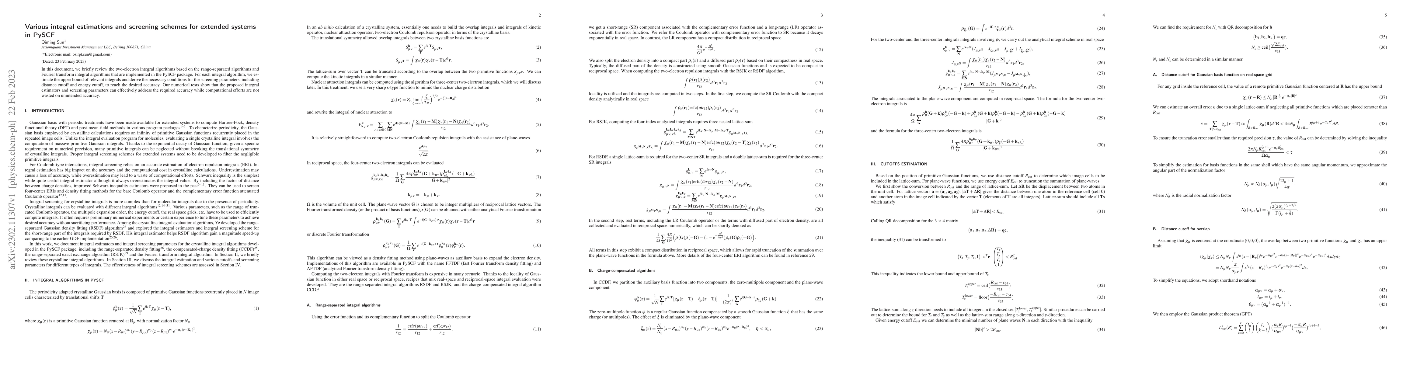 Thumbnail for Various integral estimations and screening schemes for extended systems
  in PySCF
