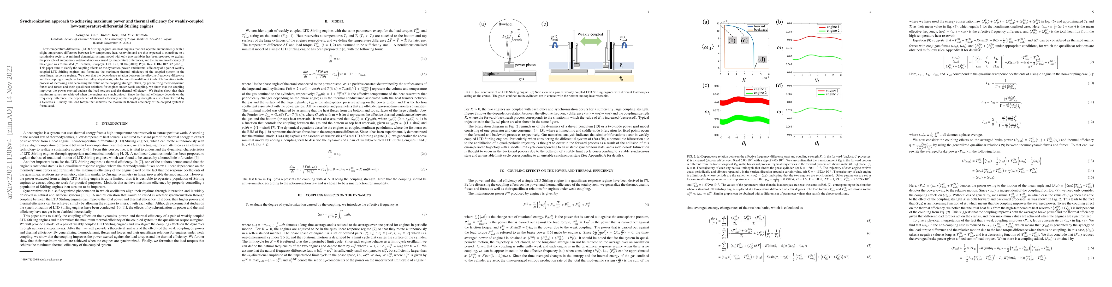 Thumbnail for Synchronization approach to achieving maximum power and thermal
  efficiency for weakly-coupled low-temperature-differential Stirling engines