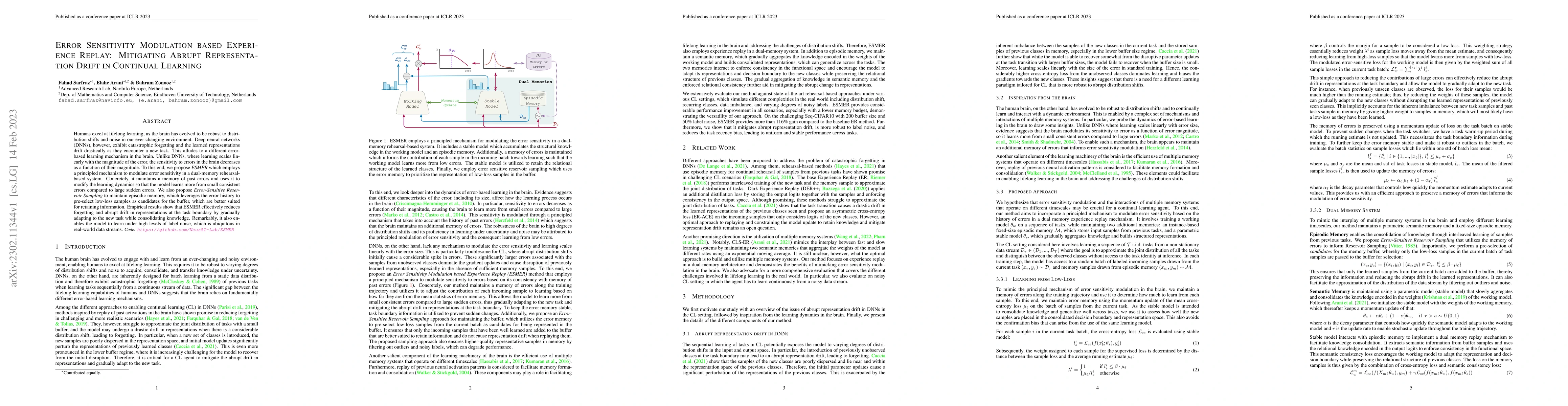 Thumbnail for Error Sensitivity Modulation based Experience Replay: Mitigating Abrupt
  Representation Drift in Continual Learning