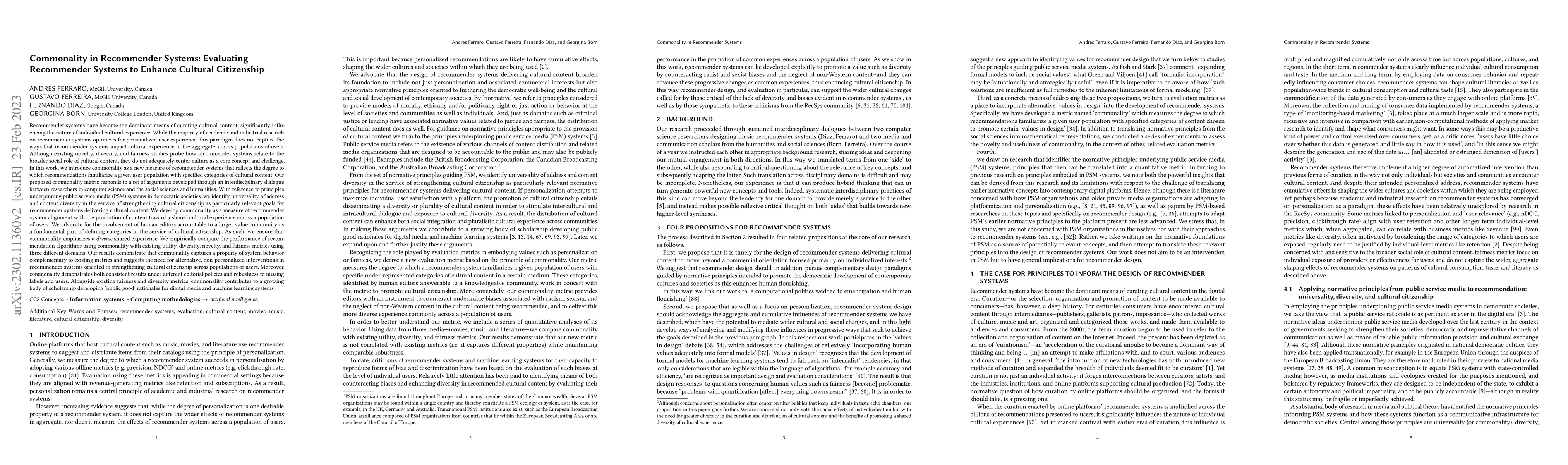 Thumbnail for Commonality in Recommender Systems: Evaluating Recommender Systems to
  Enhance Cultural Citizenship