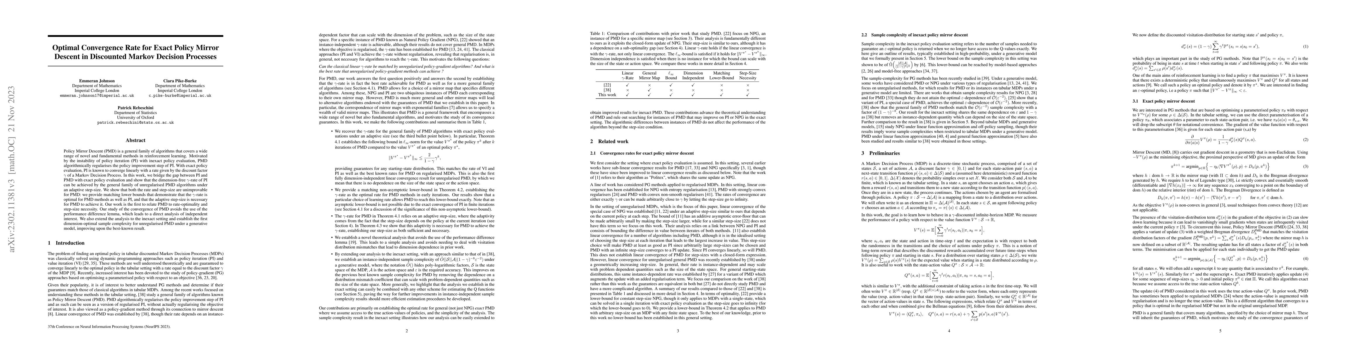 Thumbnail for Optimal Convergence Rate for Exact Policy Mirror Descent in Discounted
  Markov Decision Processes