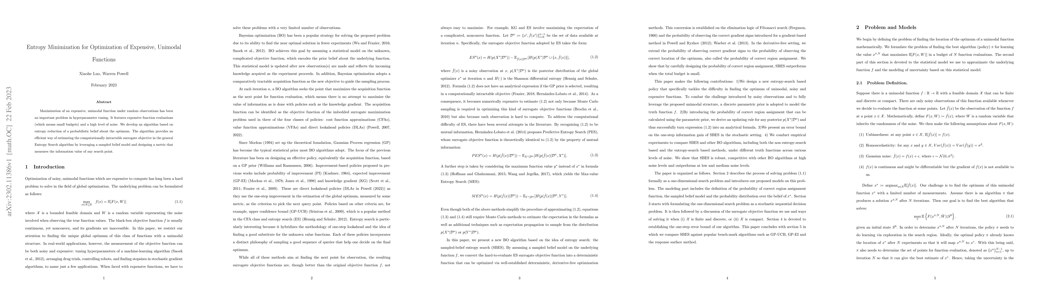 Thumbnail for Entropy Minimization for Optimization of Expensive, Unimodal Functions