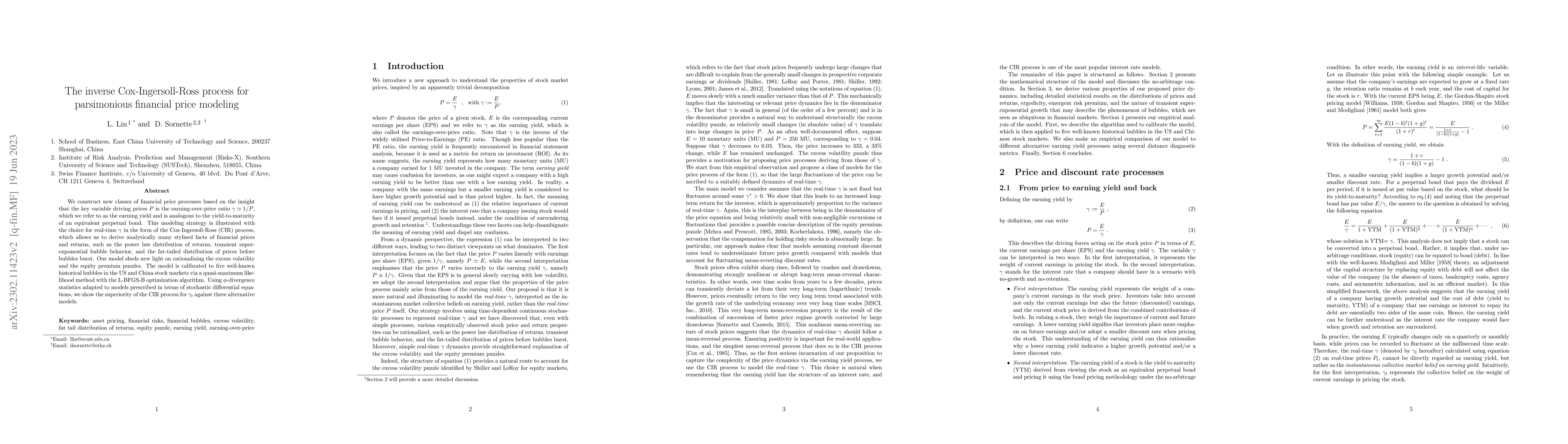 Thumbnail for The inverse Cox-Ingersoll-Ross process for parsimonious financial price
  modeling
