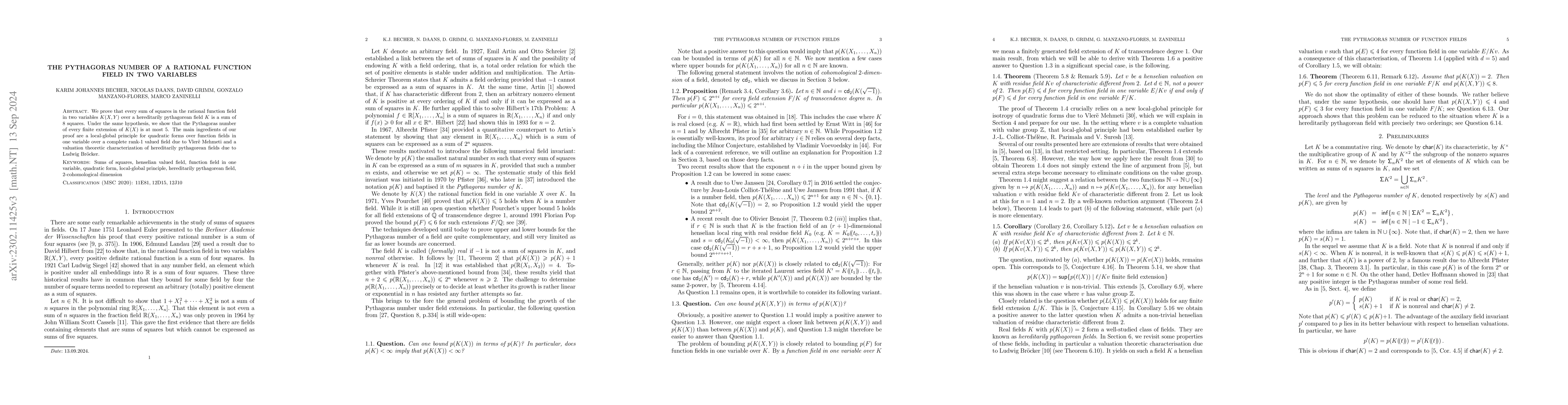 Thumbnail for The Pythagoras number of a rational function field in two variables