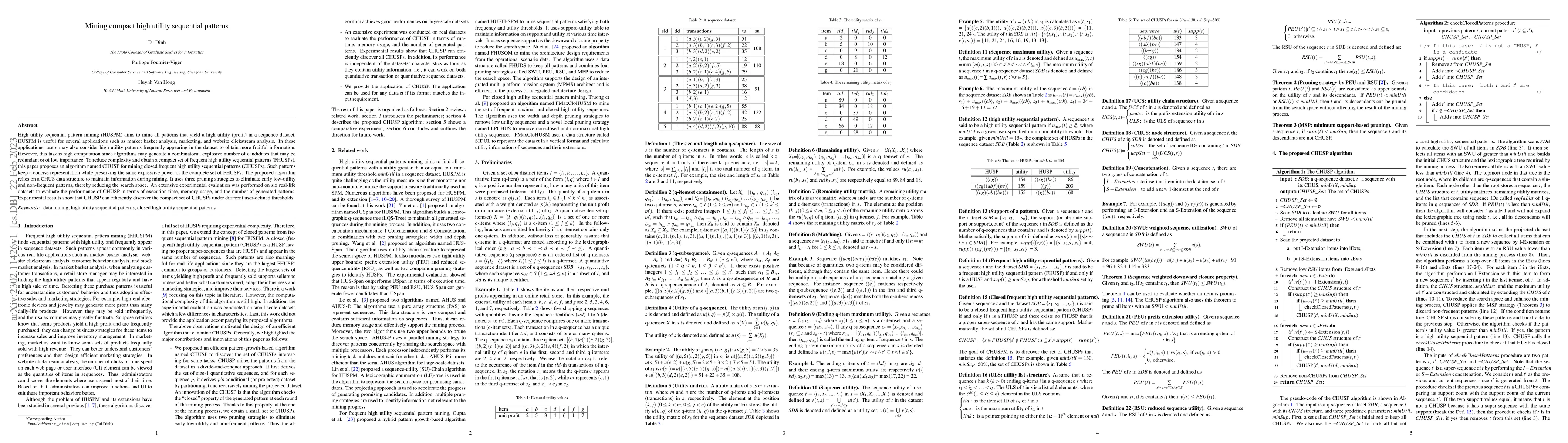 Thumbnail for Mining compact high utility sequential patterns