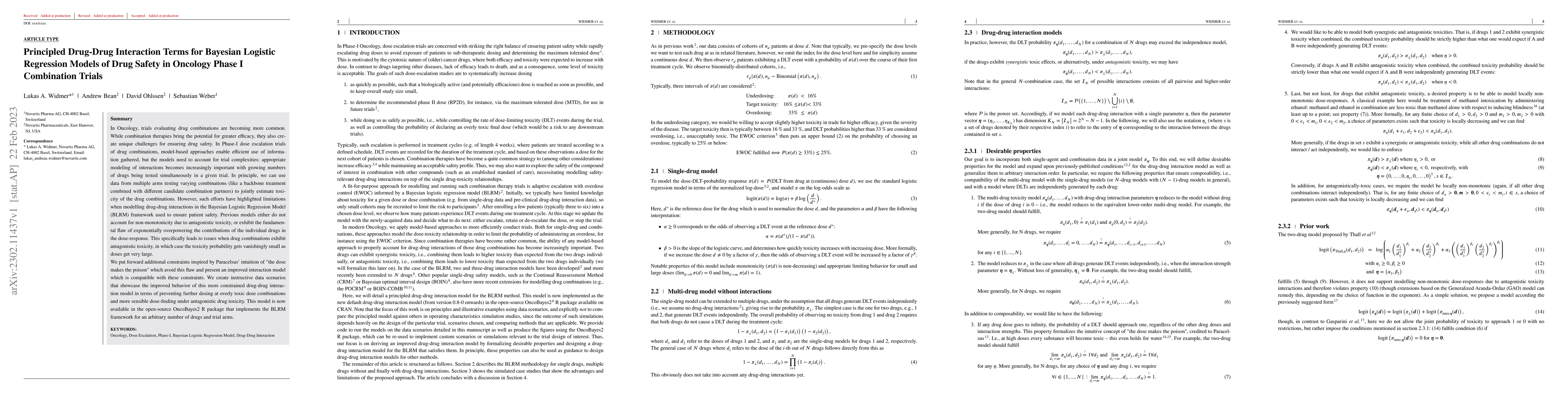 Thumbnail for Principled Drug-Drug Interaction Terms for Bayesian Logistic Regression
  Models of Drug Safety in Oncology Phase I Combination Trials