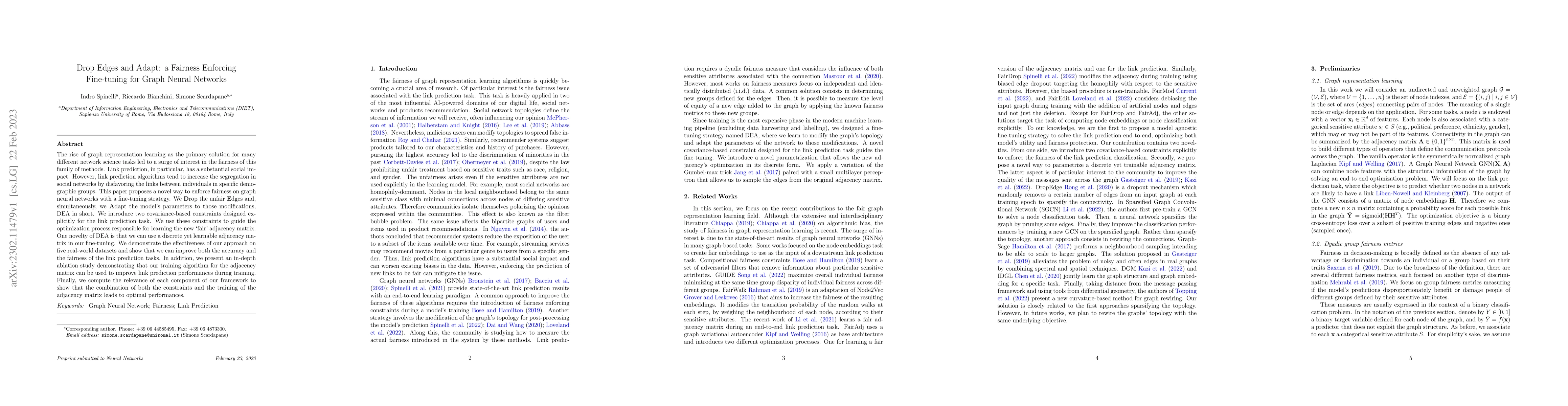 Thumbnail for Drop Edges and Adapt: a Fairness Enforcing Fine-tuning for Graph Neural
  Networks