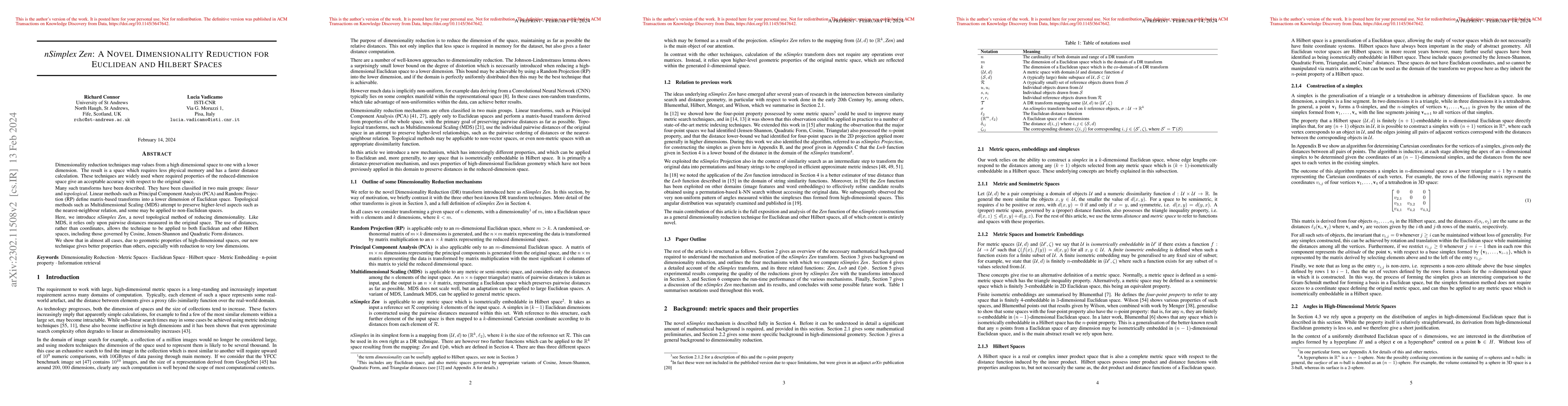 Thumbnail for nSimplex Zen: A Novel Dimensionality Reduction for Euclidean and Hilbert
  Spaces