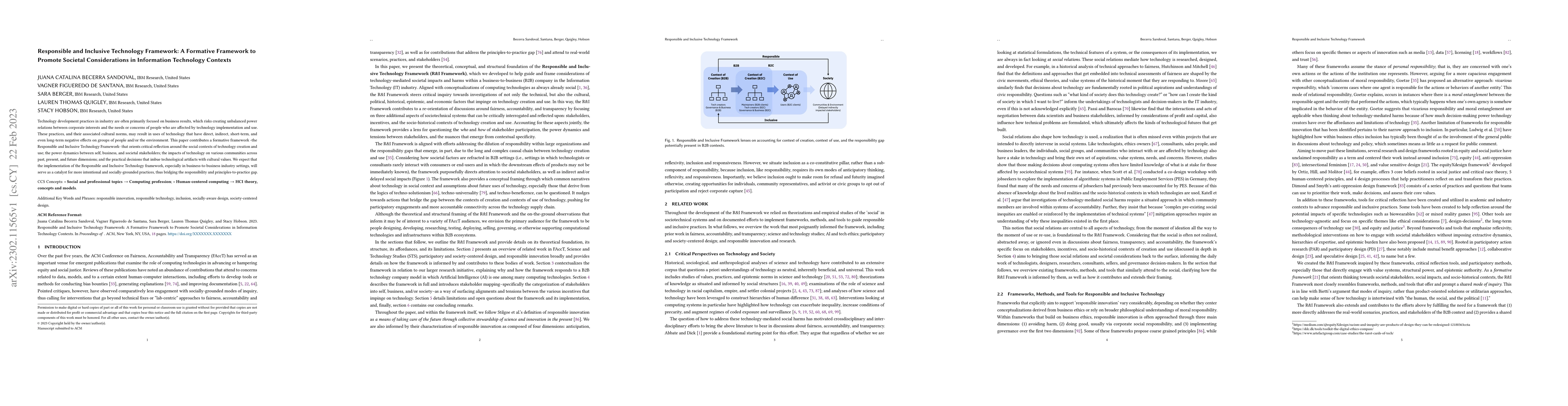 Thumbnail for Responsible and Inclusive Technology Framework: A Formative Framework to
  Promote Societal Considerations in Information Technology Contexts