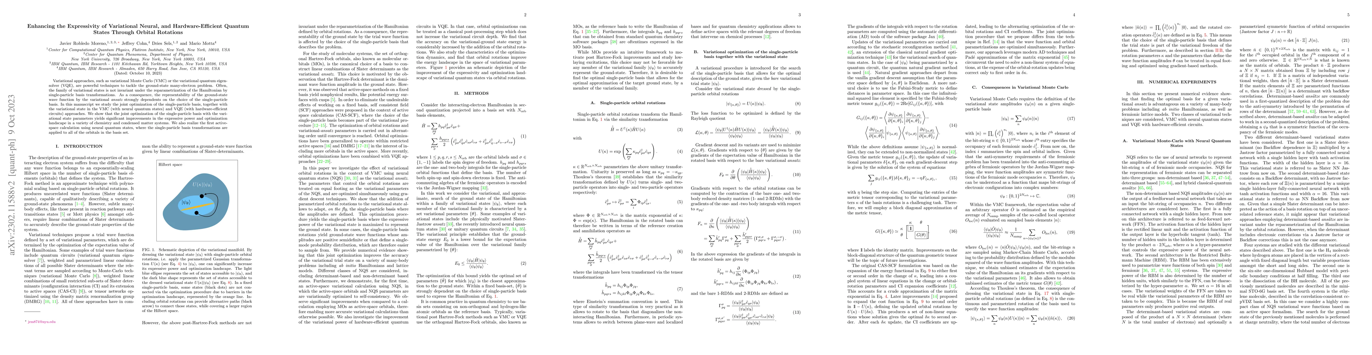 Thumbnail for Enhancing the Expressivity of Variational Neural, and Hardware-Efficient
  Quantum States Through Orbital Rotations