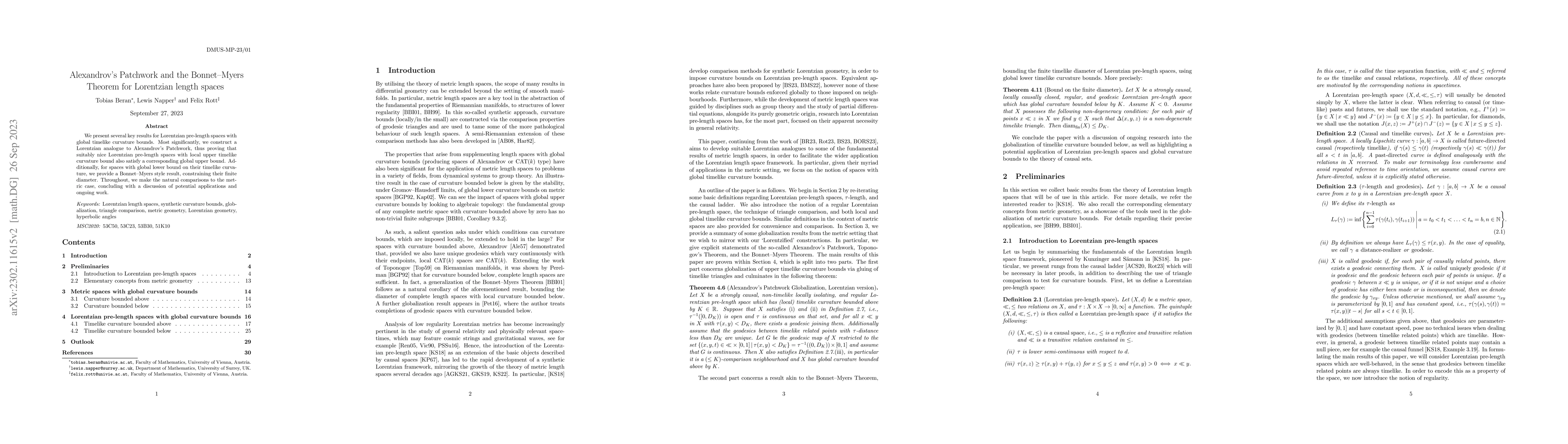 Thumbnail for Alexandrov's Patchwork and the Bonnet-Myers Theorem for Lorentzian
  length spaces