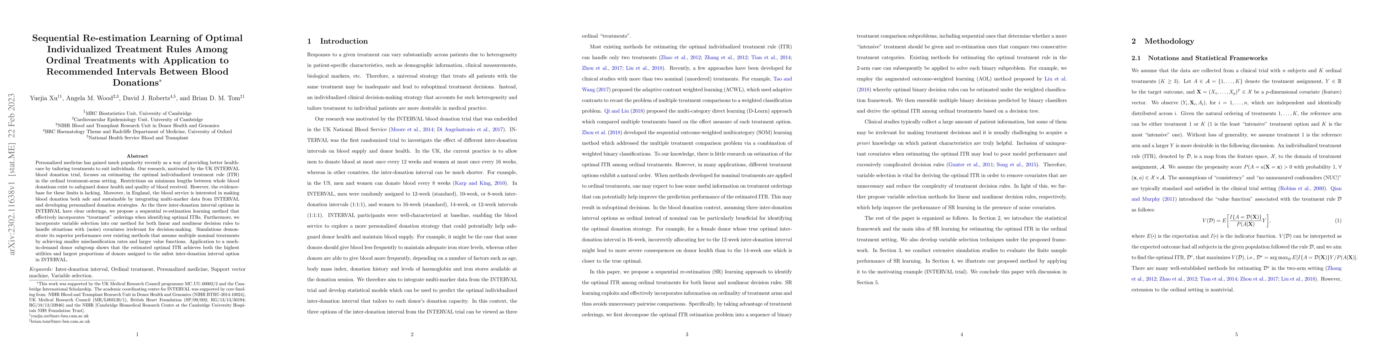 Thumbnail for Sequential Re-estimation Learning of Optimal Individualized Treatment
  Rules Among Ordinal Treatments with Application to Recommended Intervals
  Between Blood Donations