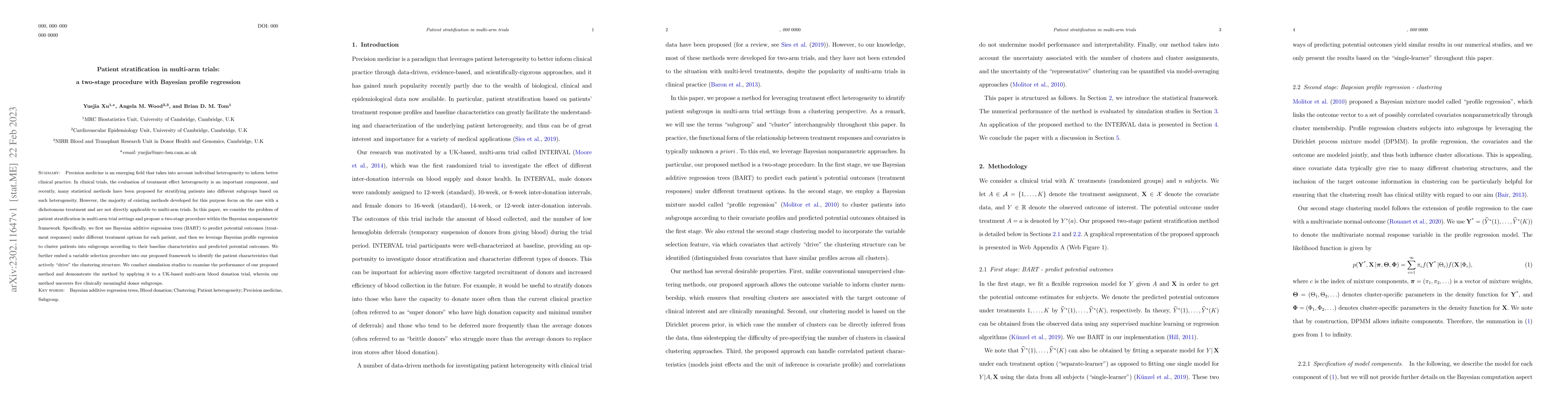Thumbnail for Patient stratification in multi-arm trials: a two-stage procedure with
  Bayesian profile regression