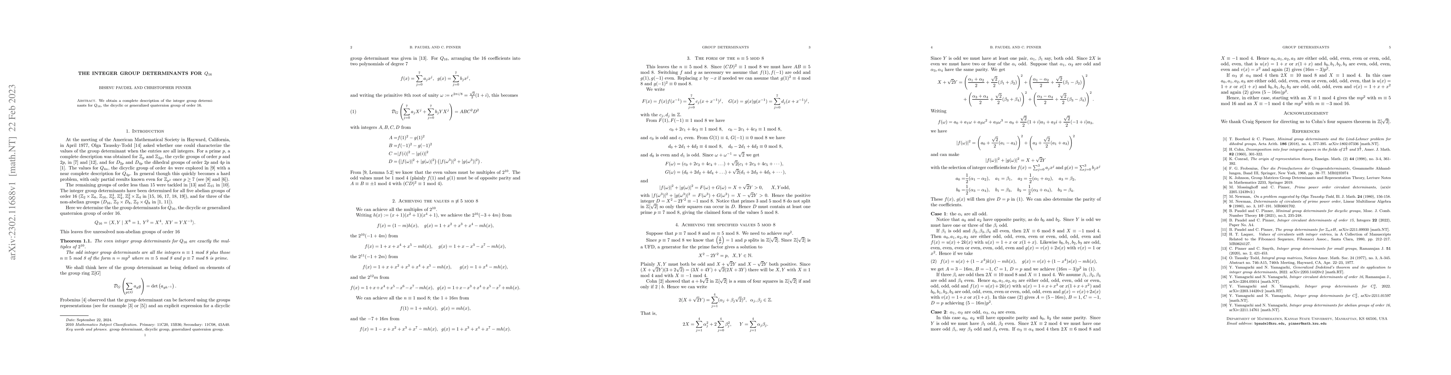 Thumbnail for The integer group determinants for $Q_{16}$