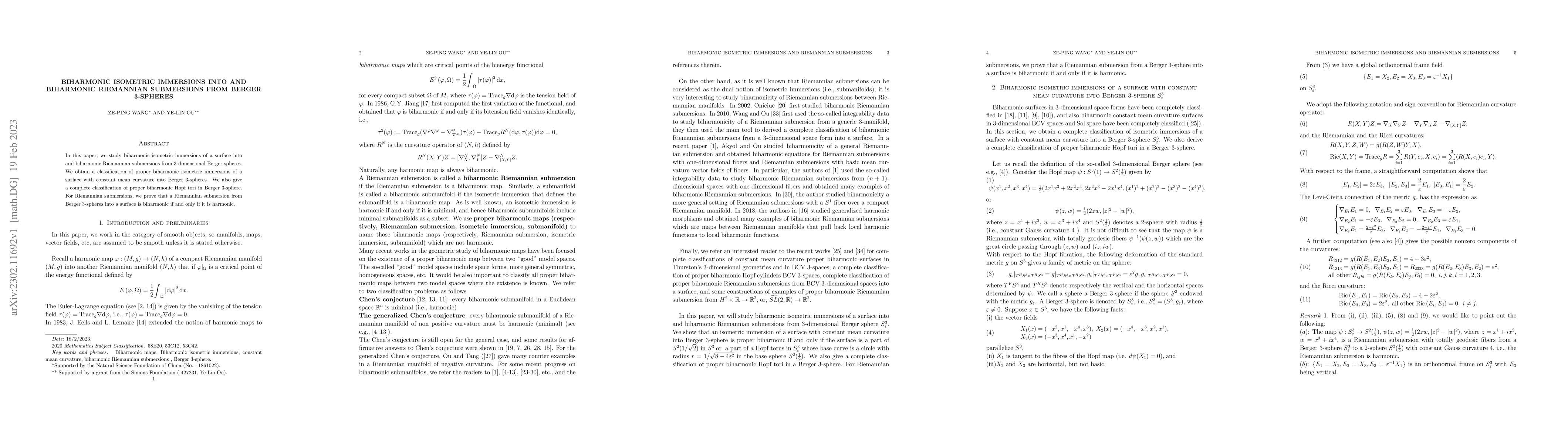 Thumbnail for Biharmonic isometric immersions into and biharmonic Riemannian
  submersions from Berger 3-spheres