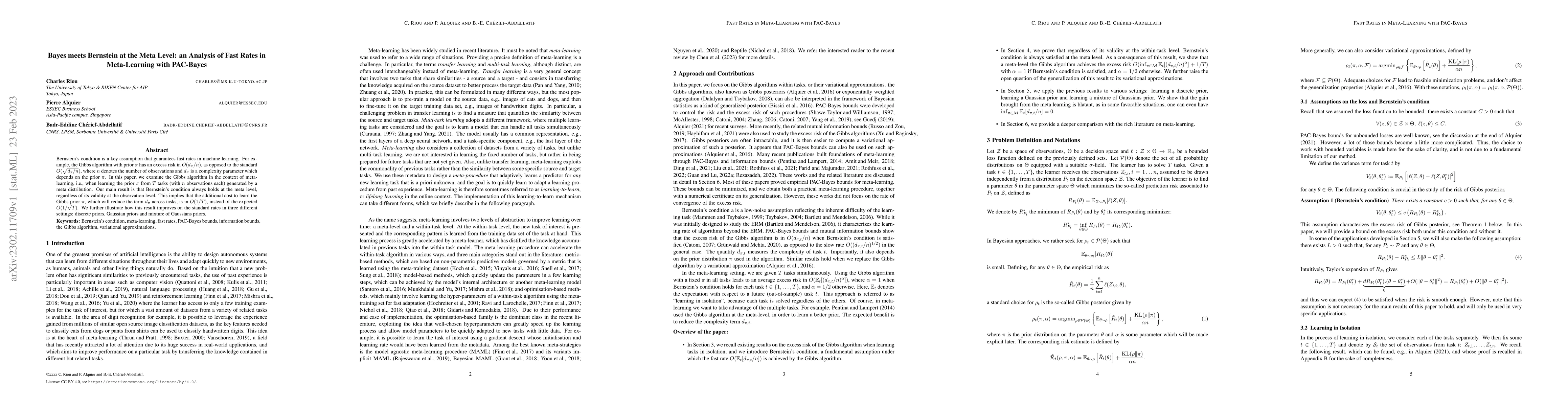 Thumbnail for Bayes meets Bernstein at the Meta Level: an Analysis of Fast Rates in
  Meta-Learning with PAC-Bayes