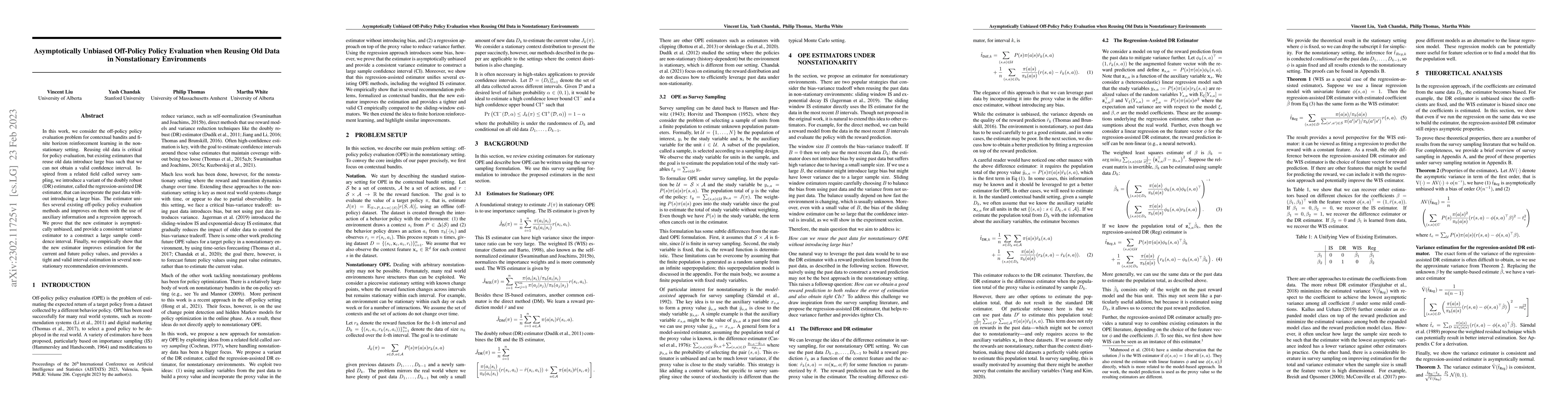 Thumbnail for Asymptotically Unbiased Off-Policy Policy Evaluation when Reusing Old
  Data in Nonstationary Environments