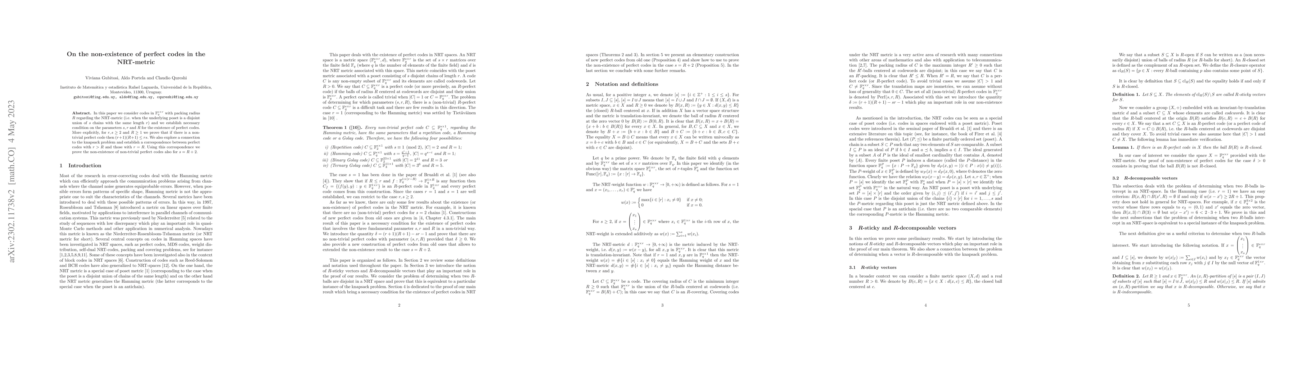 Thumbnail for On the non-existence of perfect codes in the
  Niederreiter-Rosenbloom-Tsfasman metric