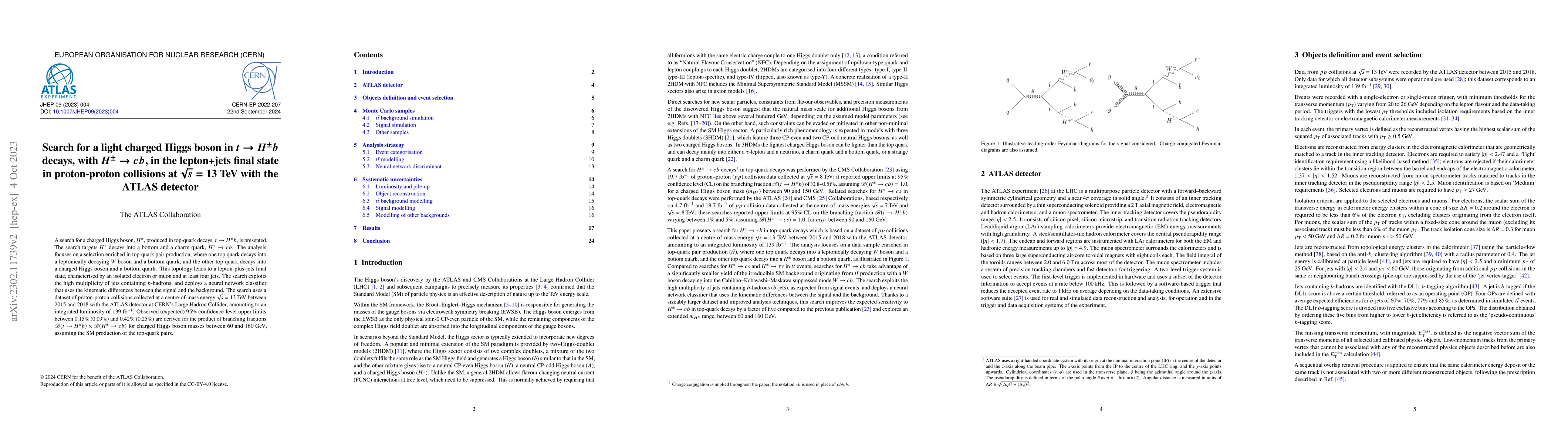 Thumbnail for Search for a light charged Higgs boson in $t \rightarrow H^{\pm}b$
  decays, with $H^{\pm} \rightarrow cb$, in the lepton+jets final state in
  proton-proton collisions at $\sqrt{s}=13$ TeV with the ATLAS detector