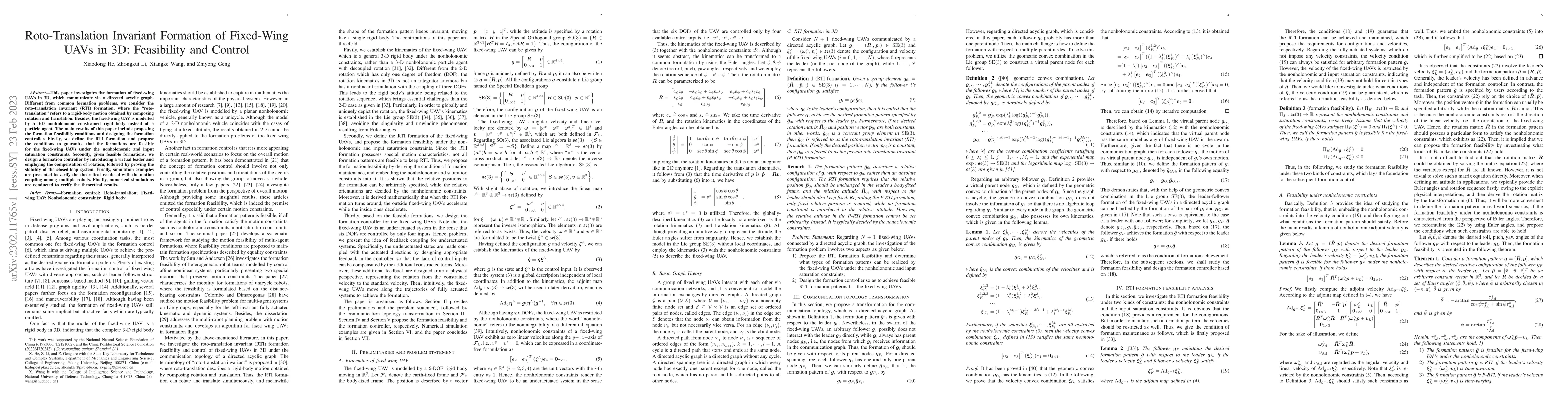 Thumbnail for Roto-Translation Invariant Formation of Fixed-Wing UAVs in 3D:
  Feasibility and Control