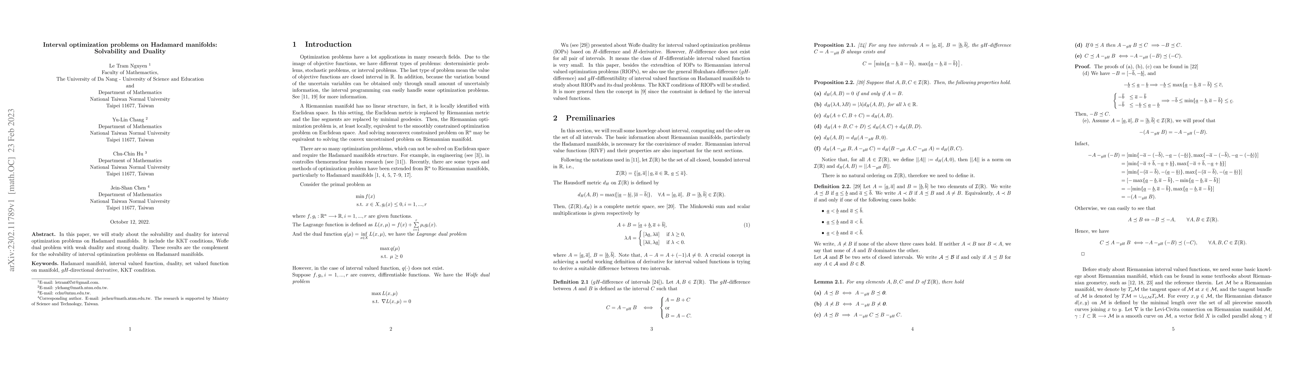 Thumbnail for Interval optimization problems on Hadamard manifolds:Solvability and
  Duality
