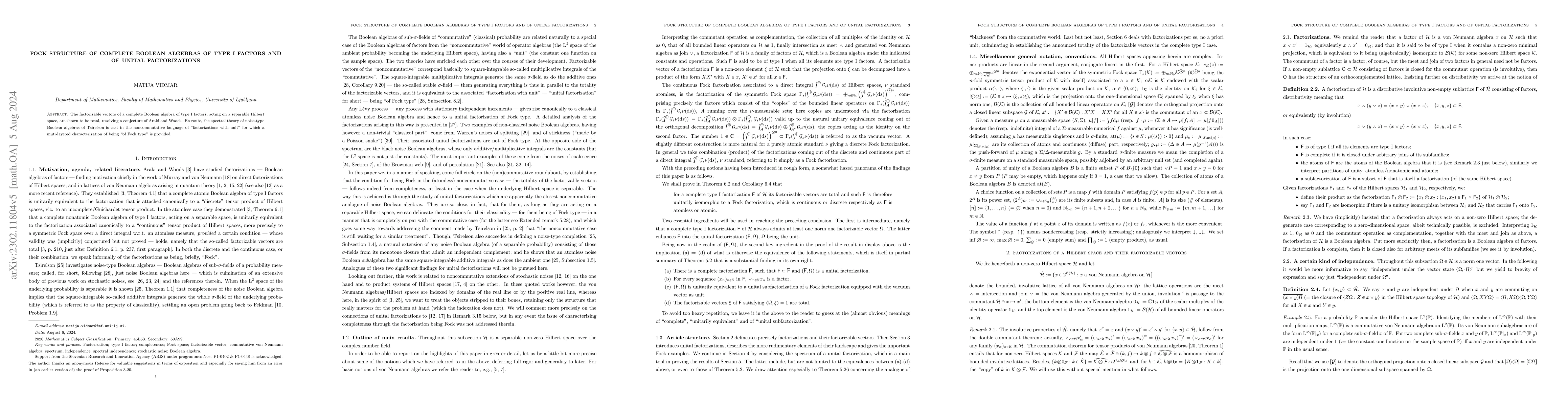 Thumbnail for Fock structure of complete Boolean algebras of type I factors and of
  unital factorizations