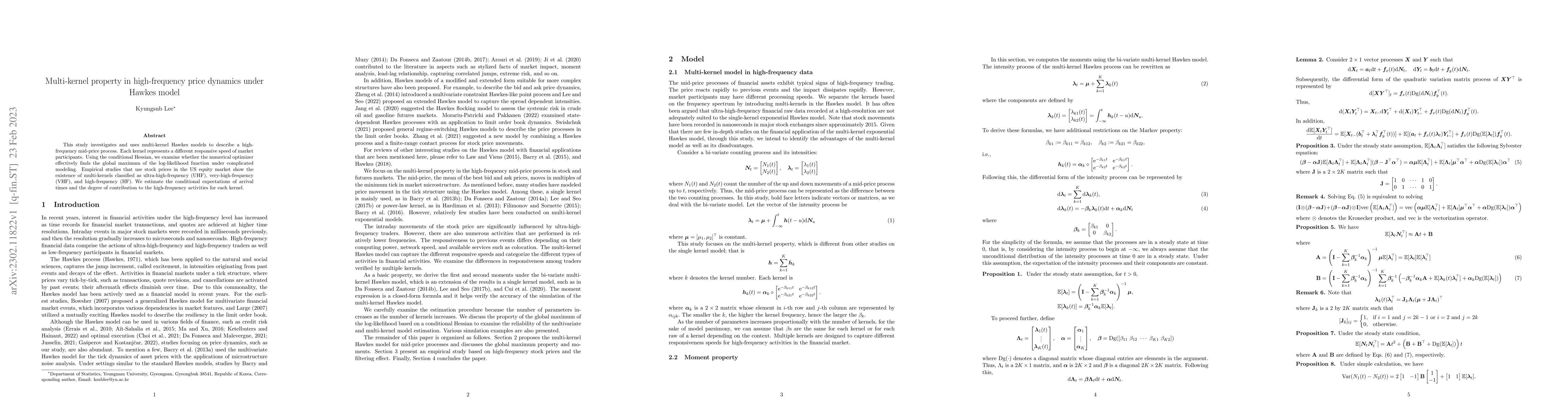 Thumbnail for Multi-kernel property in high-frequency price dynamics under Hawkes
  model