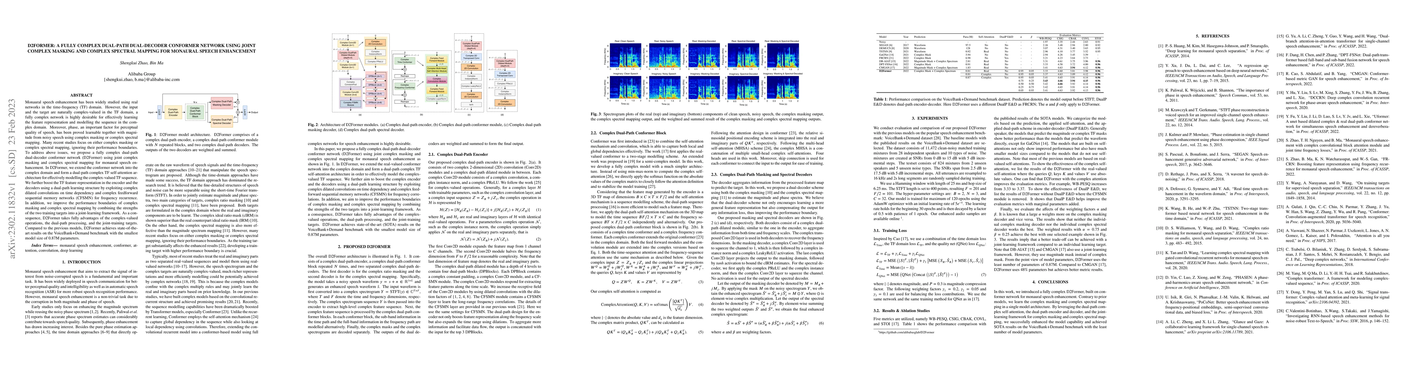 Thumbnail for D2Former: A Fully Complex Dual-Path Dual-Decoder Conformer Network using
  Joint Complex Masking and Complex Spectral Mapping for Monaural Speech
  Enhancement