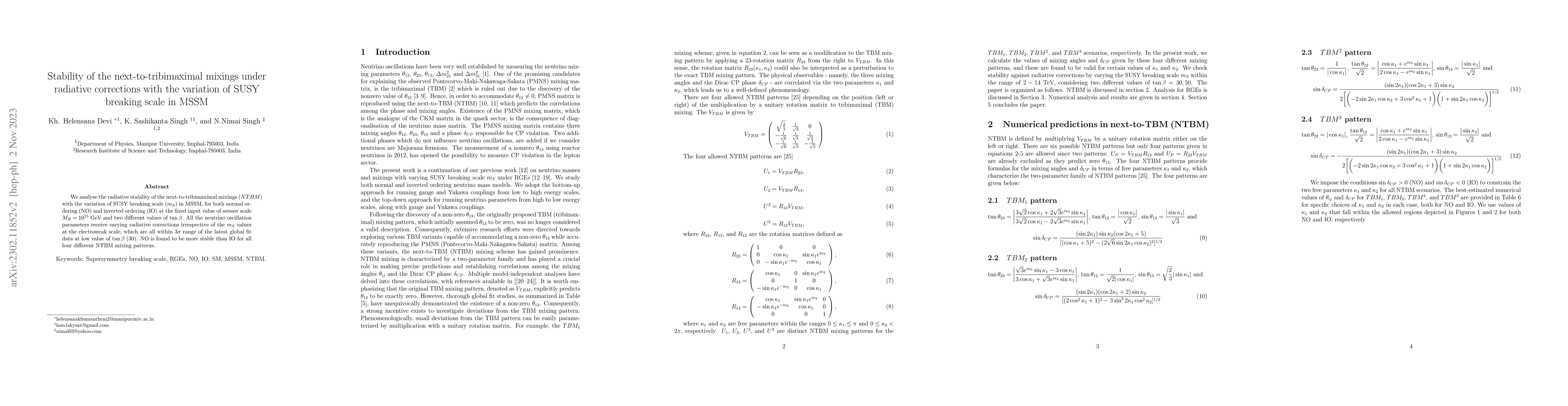 Thumbnail for Stability of the next-to-tribimaximal mixings under radiative
  corrections with the variation of SUSY breaking scale in MSSM