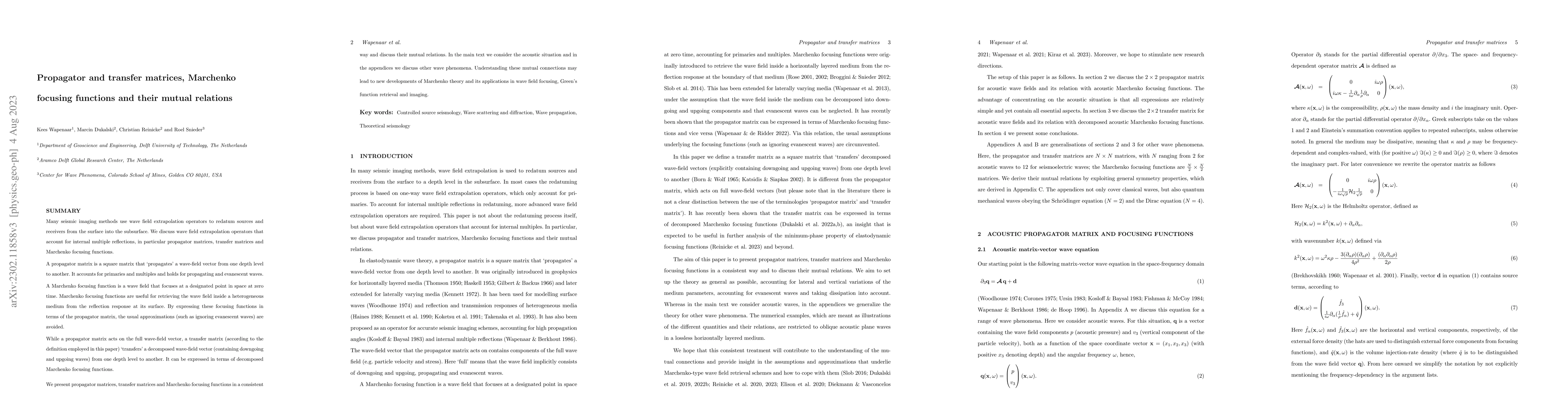 Thumbnail for Propagator and transfer matrices, Marchenko focusing functions and their
  mutual relations