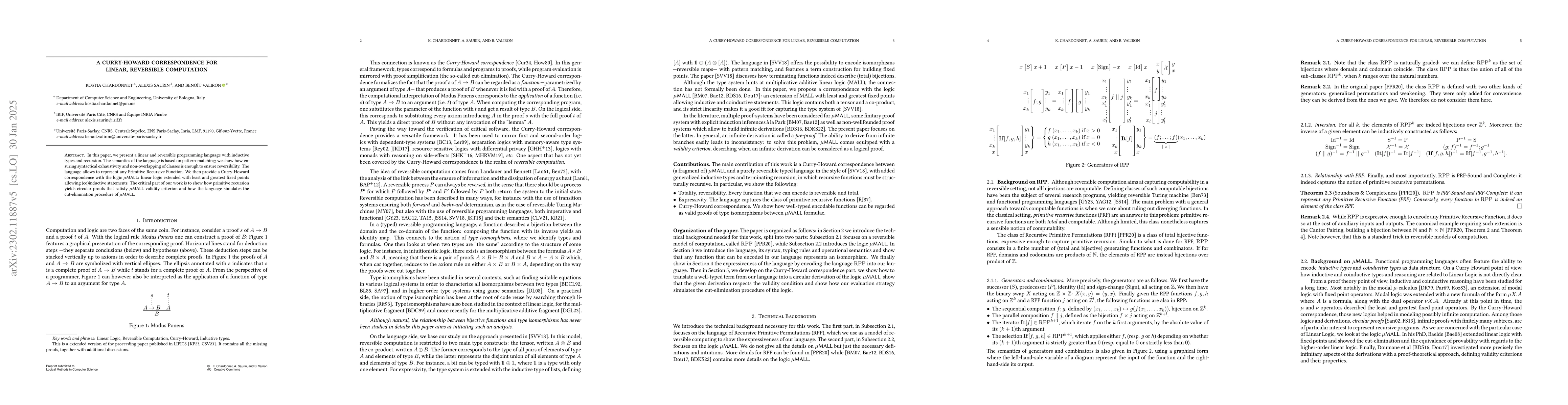 Thumbnail for A Curry-Howard Correspondence for Linear, Reversible Computation