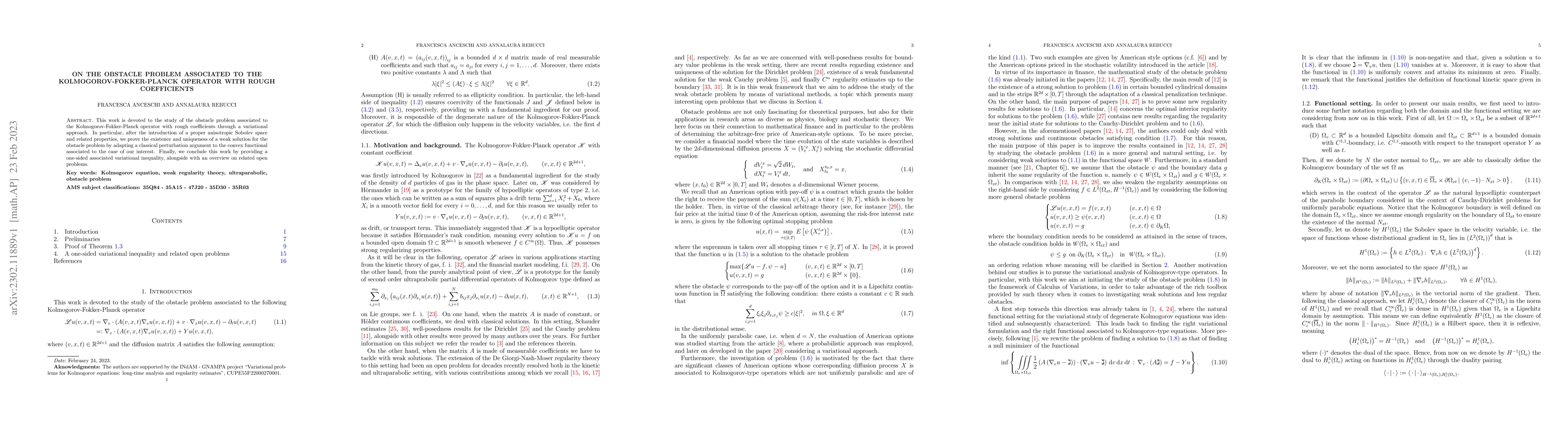 Thumbnail for On the obstacle problem associated to the Kolmogorov-Fokker-Planck
  operator with rough coefficients