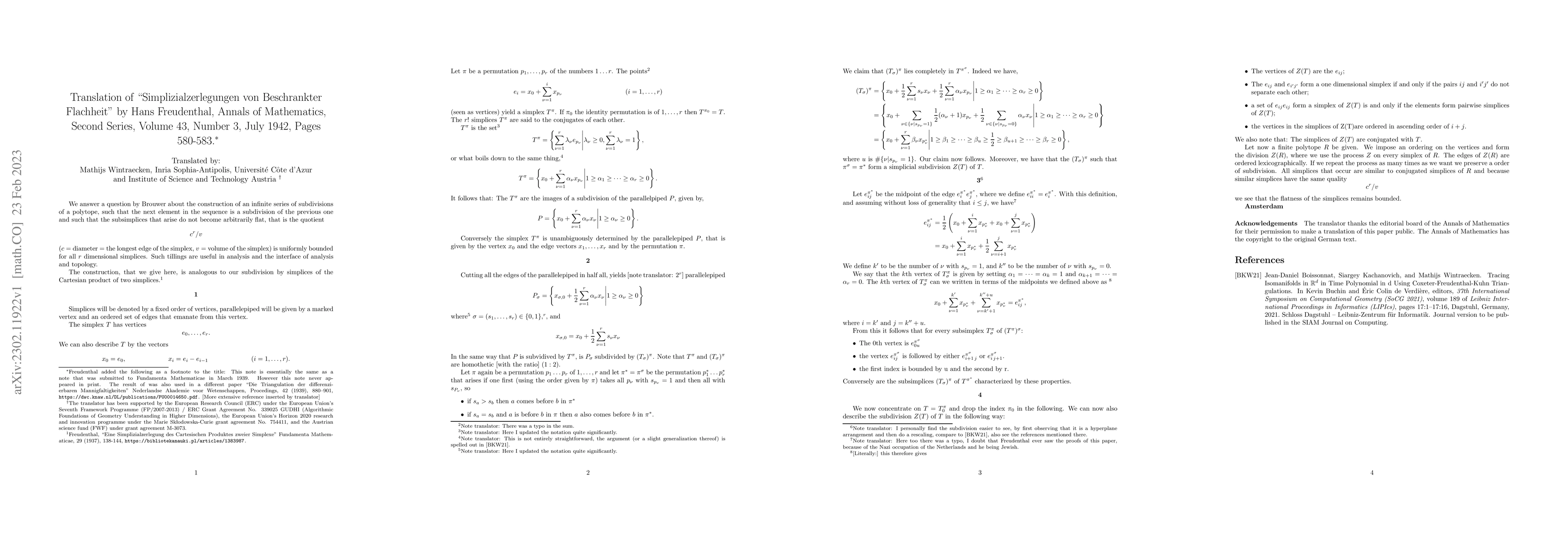 Thumbnail for Translation of "Simplizialzerlegungen von Beschrankter Flachheit'' by
  Hans Freudenthal, Annals of Mathematics, Second Series, Volume 43, Number 3,
  July 1942, Pages 580-583