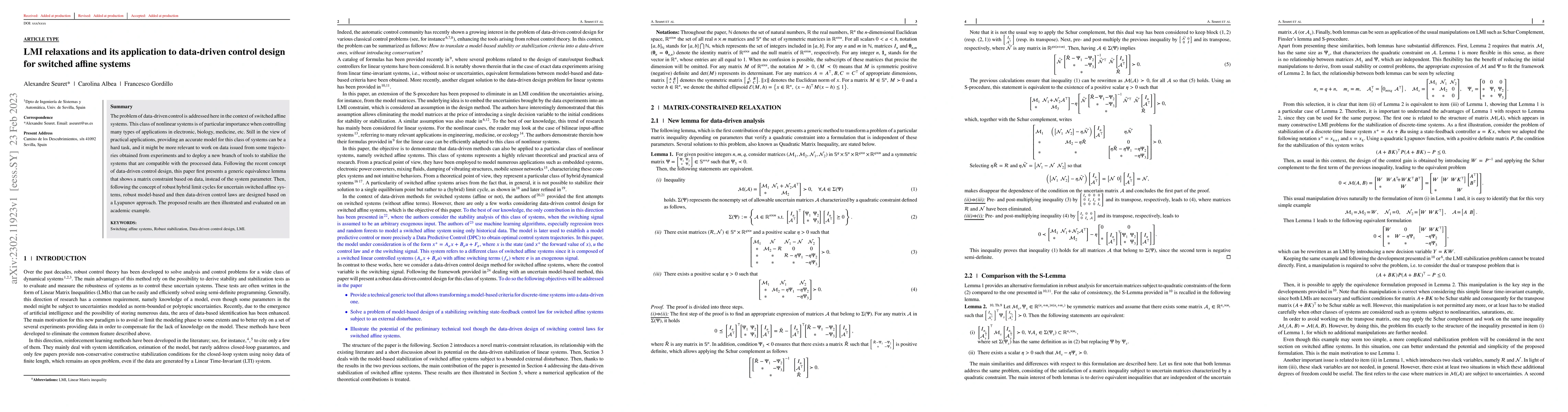 Thumbnail for LMI relaxations and its application to data-driven control design for
  switched affine systems