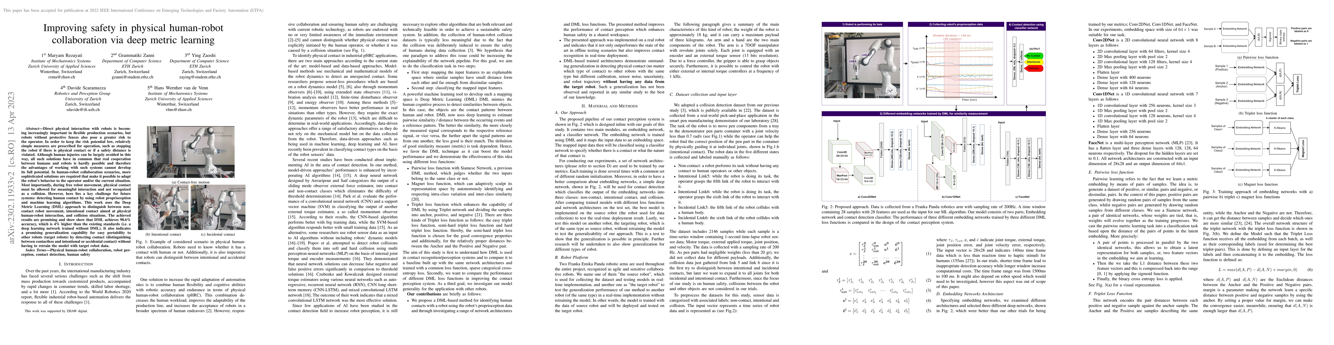 Thumbnail for Improving safety in physical human-robot collaboration via deep metric
  learning