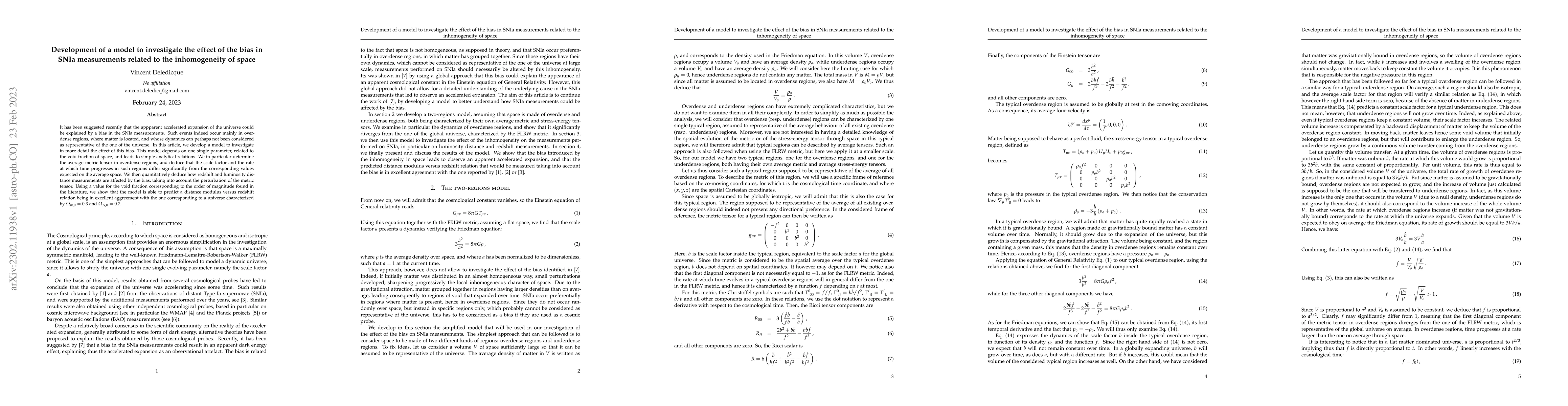 Thumbnail for Development of a model to investigate the effect of the bias in SNIa
  measurements related to the inhomogeneity of space