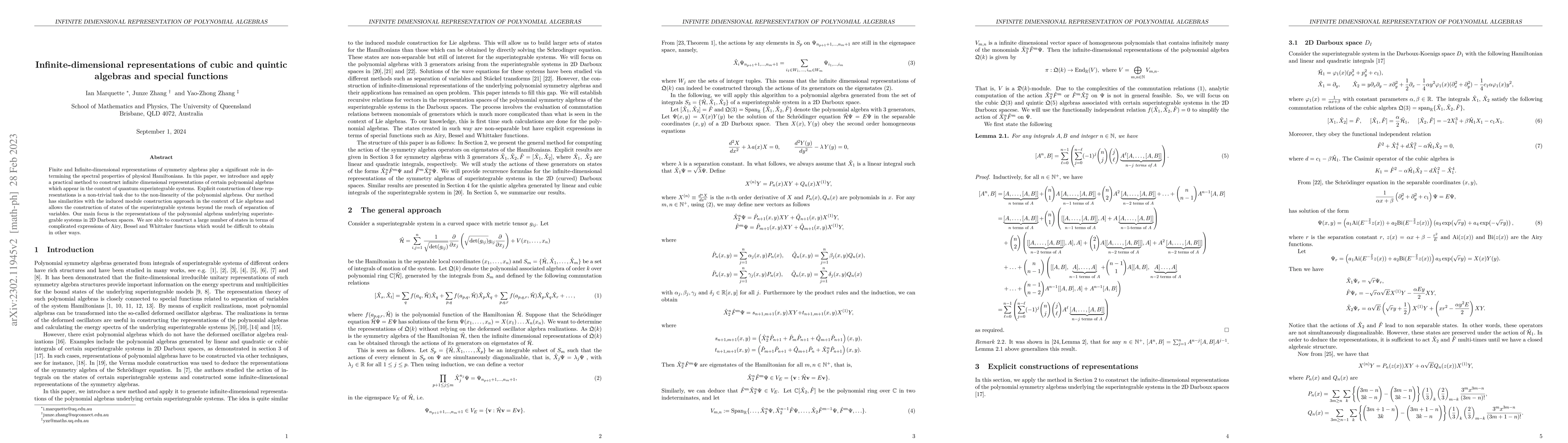 Thumbnail for Infinite dimensional representations of cubic and quintic algebras and
  special functions