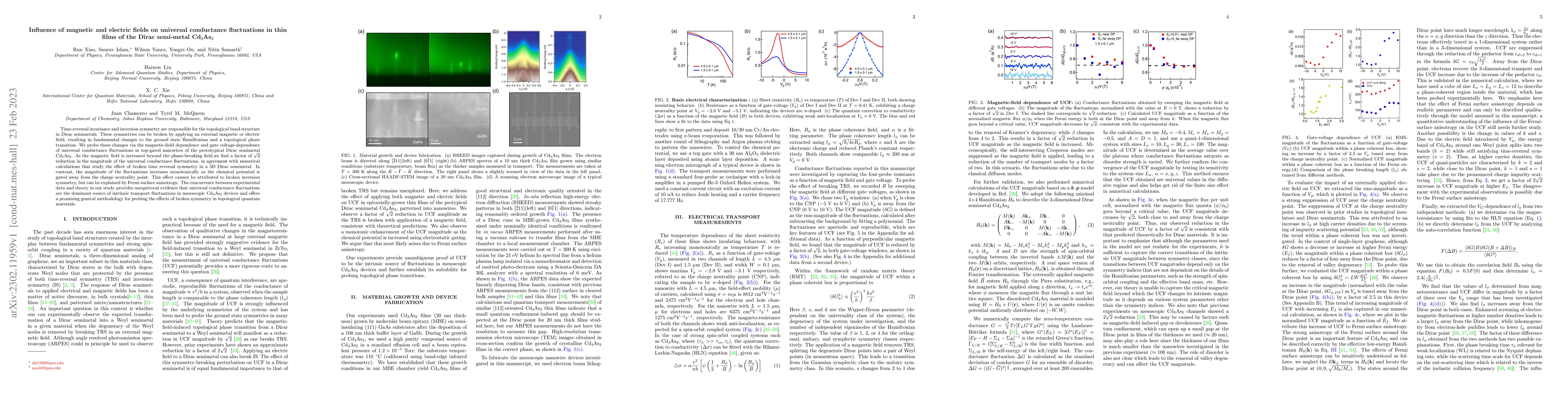 Thumbnail for Influence of magnetic and electric fields on universal conductance
  fluctuations in thin films of the Dirac semi-metal Cd3As2