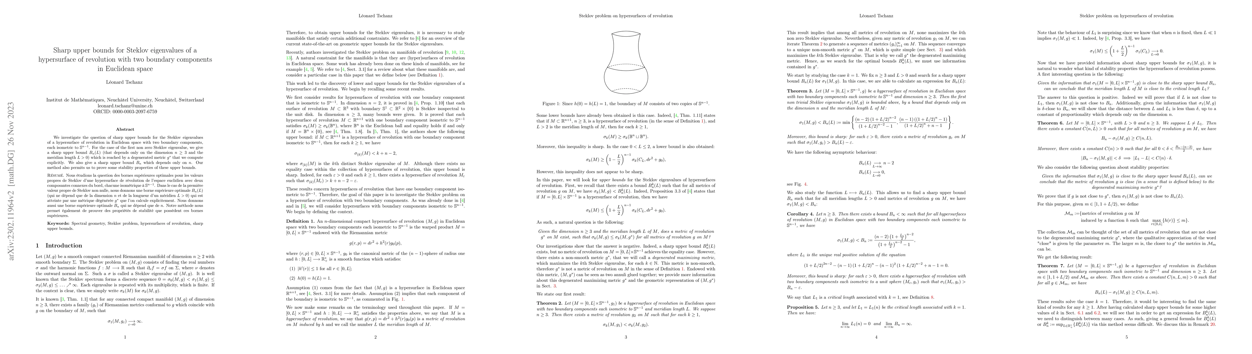 Thumbnail for Sharp upper bounds for Steklov eigenvalues of a hypersurface of
  revolution with two boundary components in Euclidean space