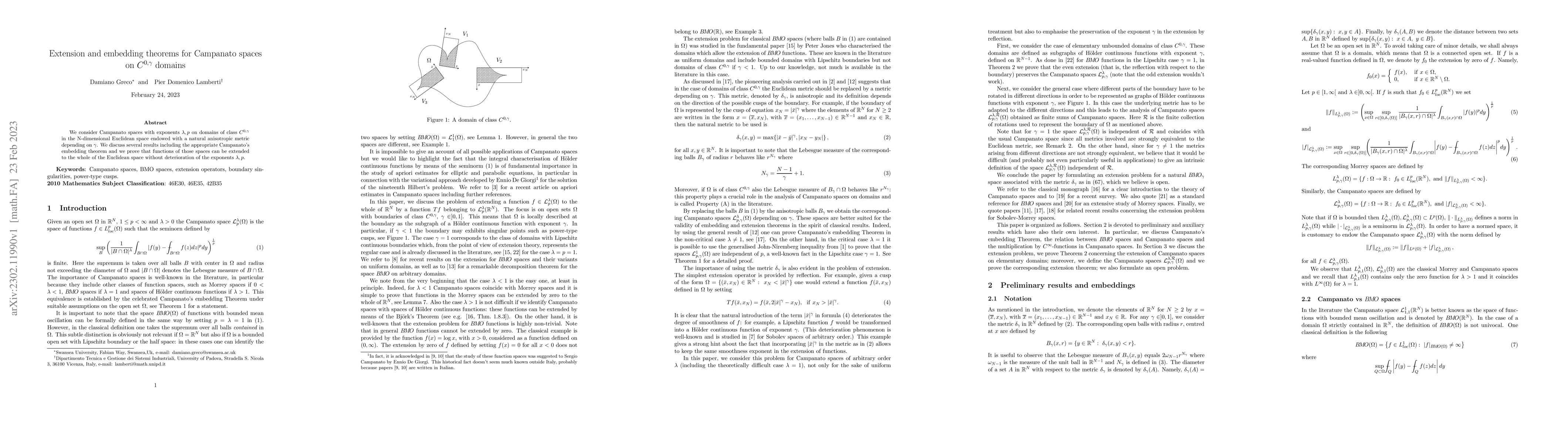 Thumbnail for Extension and embedding theorems for Campanato spaces on $C^{0,\gamma}$
  domains