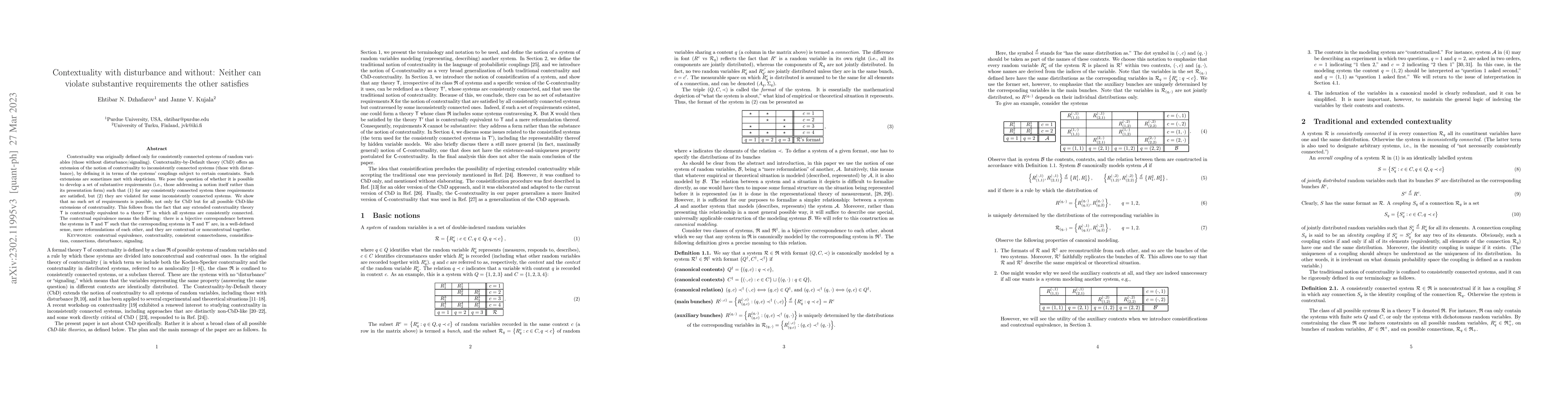 Thumbnail for Contextuality with disturbance and without: Neither can violate
  substantive requirements the other satisfies