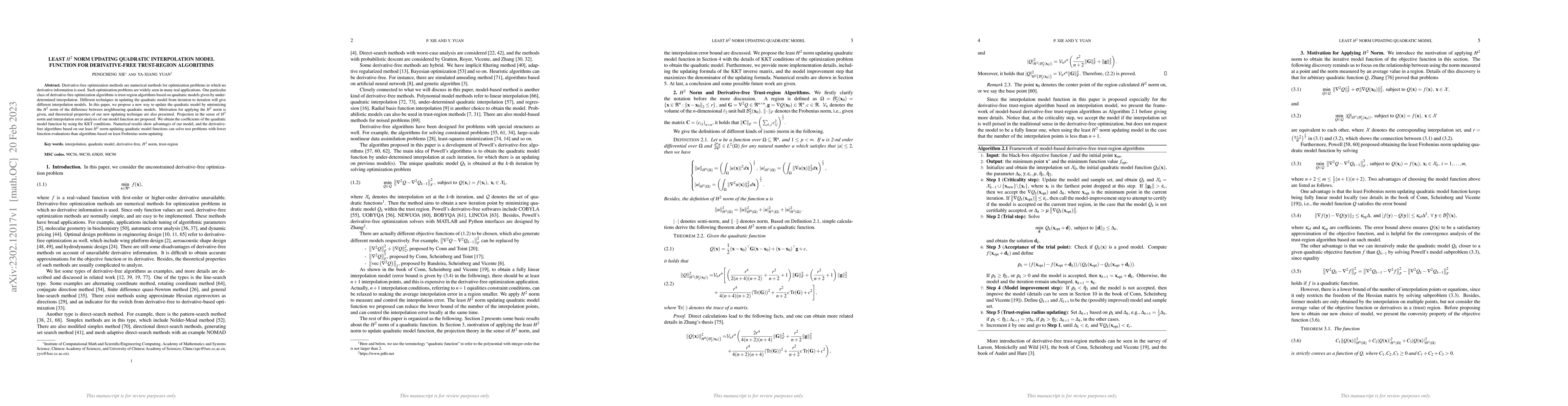 Thumbnail for Least $H^2$ Norm Updating Quadratic Interpolation Model Function for
  Derivative-free Trust-region Algorithms