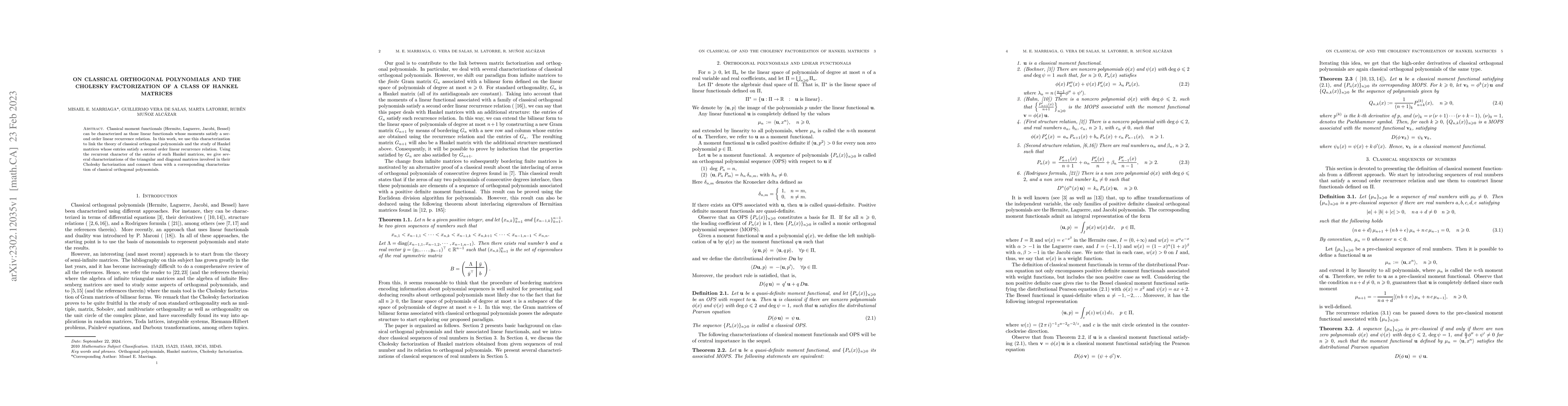Thumbnail for On classical orthogonal polynomials and the Cholesky factorization of a
  class of Hankel matrices