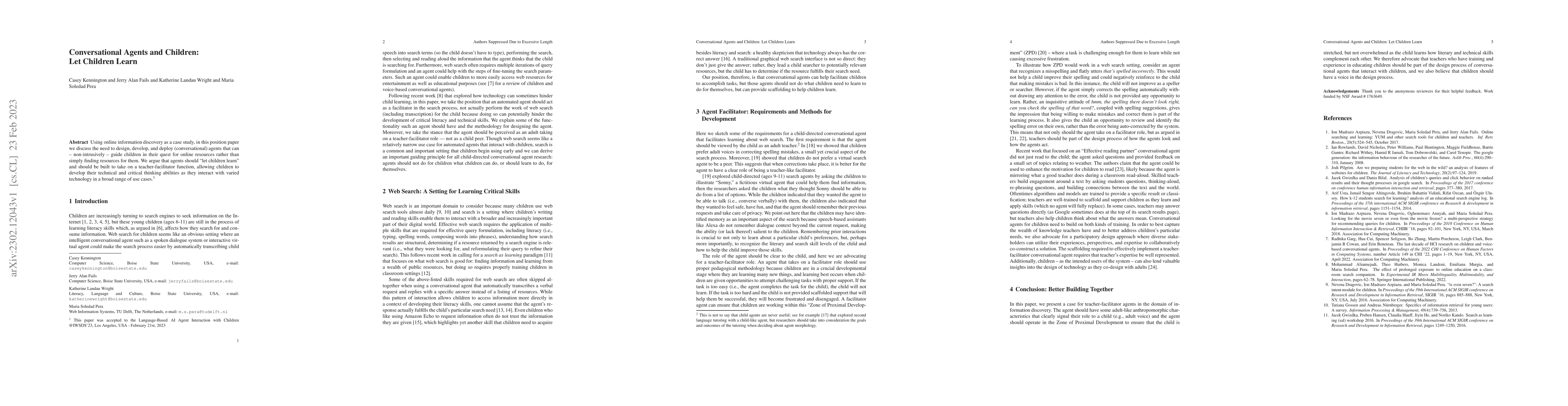 Thumbnail for Conversational Agents and Children: Let Children Learn