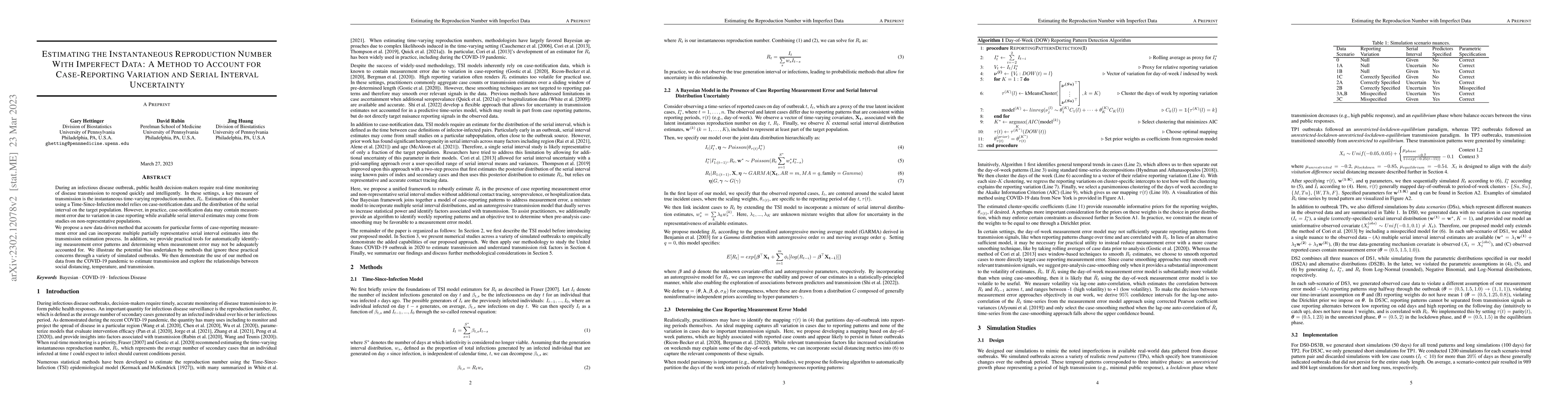 Thumbnail for Estimating the Instantaneous Reproduction Number With Imperfect Data: A
  Method to Account for Case-Reporting Variation and Serial Interval
  Uncertainty