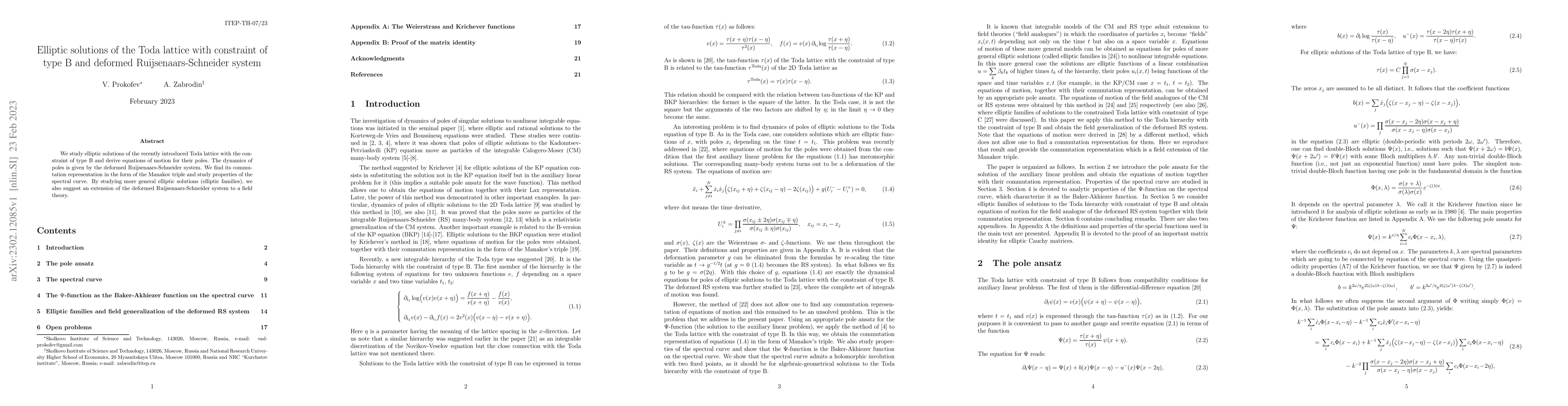Thumbnail for Elliptic solutions of the Toda lattice with constraint of type B and
  deformed Ruijsenaars-Schneider system